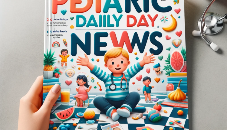 A colorful magazine cover for "Pediatric Daily News," featuring images related to child health, like a stethoscope, fruits, and children playing, with the title in a friendly font.